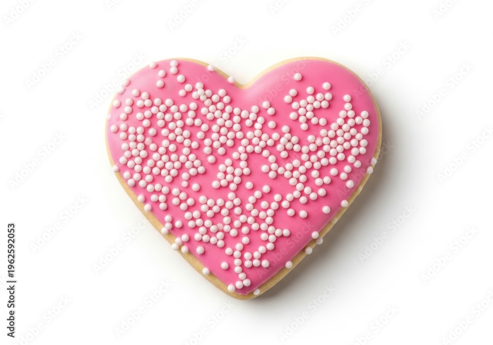 Fototapeta premium Heart shaped cookie with pink icing and white sprinkles isolated on white background