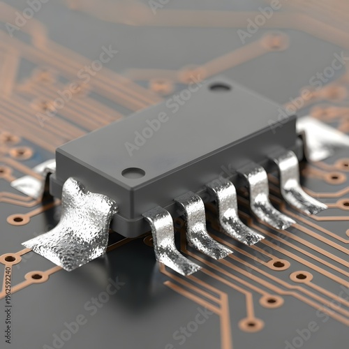 Integrated circuit component on circuit board microchip closeup view electronic details.