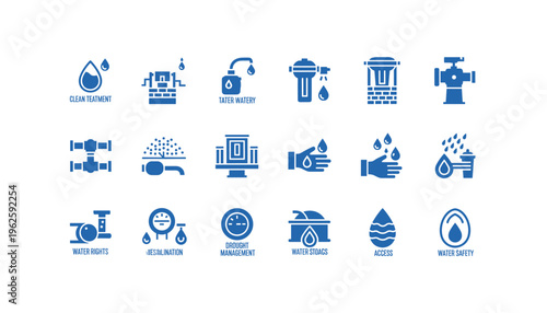 Water conservation and management icons for clean treatment and safety