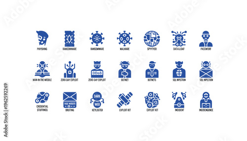 Cybersecurity threats and attacks icons set for secure online protection