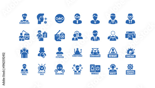 Business professionals with cognitive and behavioral icons for marketing materials