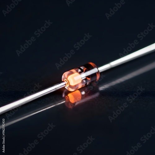 Macro view of a glowing orange diode with metallic leads on a dark reflective surface.