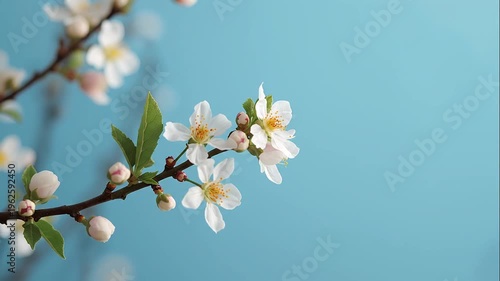 A delicate branch of blossoming white flowers with pink centers and green leaves against a clear blue sky