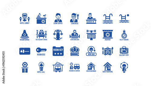 Hotel amenities and services icons for travel and hospitality industry