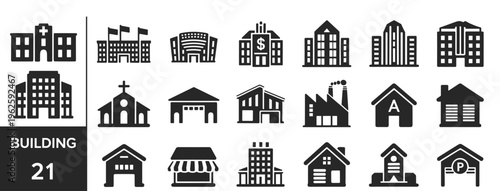 Collection of black building including hospital church factory and residential homes