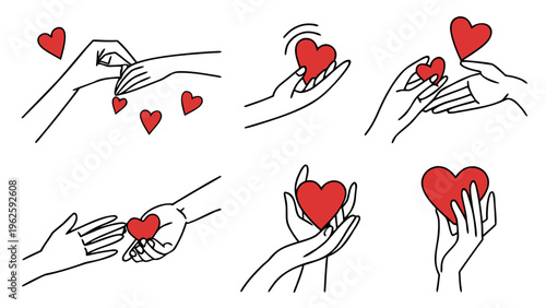 Line drawing illustrations of hands holding red hearts on white background
