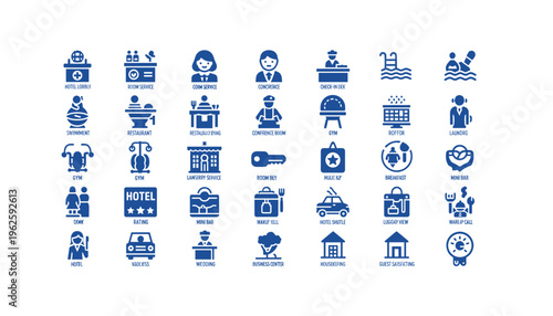 Hotel services and amenities icons for travel and hospitality industry