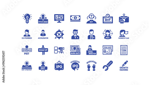 Startup and business growth concepts with blue icons on white background
