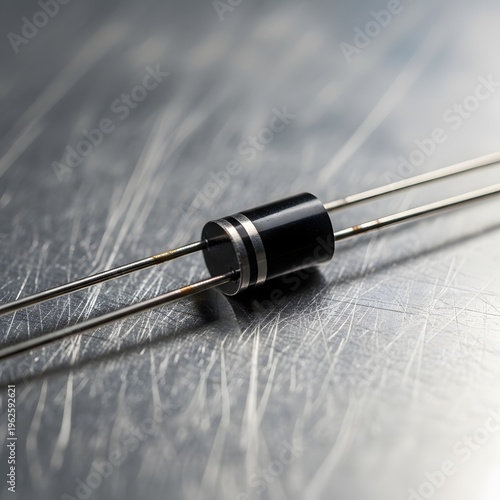 Black cylindrical electronic component with silver bands resting on brushed metal surface.