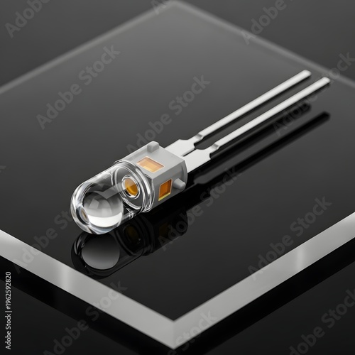 Close up of an electronic component or LED bulb with transparent casing and two metal leads on a reflective black surface.