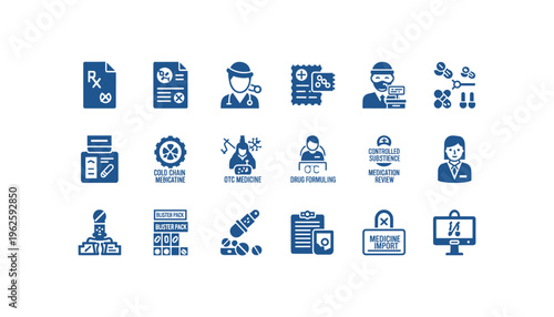 Pharmaceutical icons set for medical and healthcare designs
