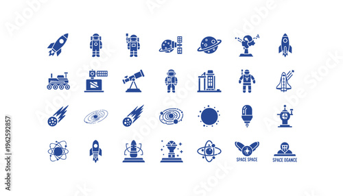 Blue icons of space exploration and astronomy symbols