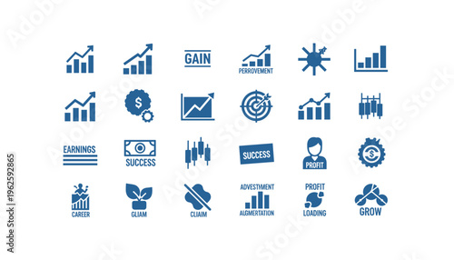 Business success icons set with growth and profit symbols