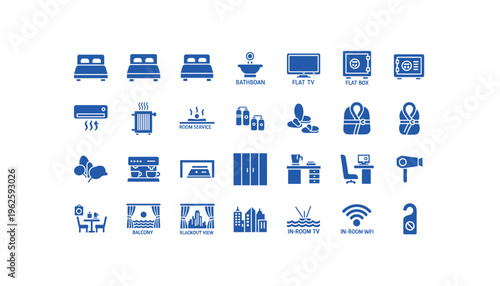 Hotel amenities icons for travel and hospitality design
