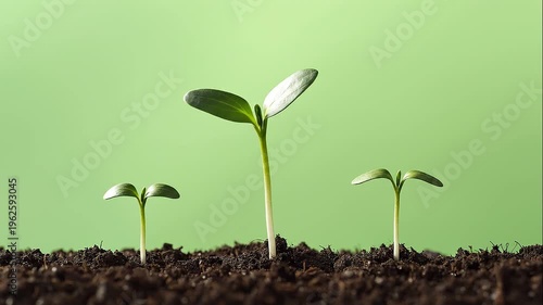 Three small green seedlings emerging from dark soil against a soft green background, symbolizing growth and new beginnings