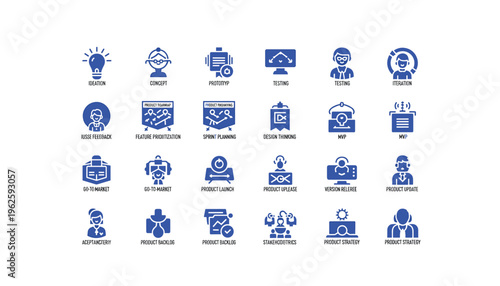 Product development process icons for business strategy and planning