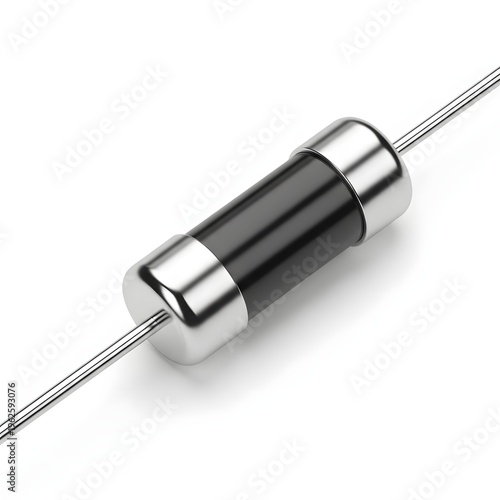 Black cylindrical fuse with metallic ends and silver leads on white background.