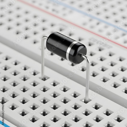 Black electronic component with silver band inserted into a white breadboard for prototyping circuits.