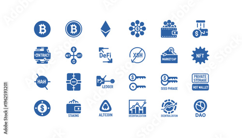Cryptocurrency and blockchain icons for business and finance