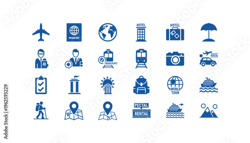 Travel icons collection featuring transportation and tourism symbols