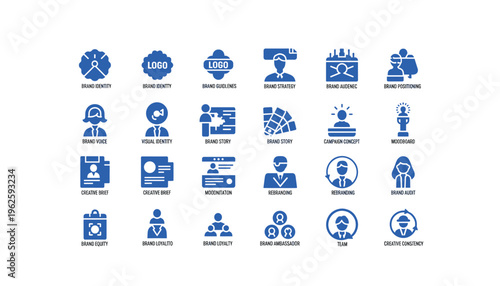 Collection of blue brand strategy icons for business and marketing professionals