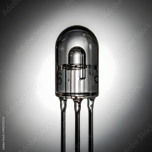 Close-up of a clear glass diode with metal leads and markings.