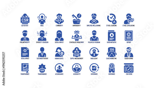 Corporate social responsibility icons for business sustainability and ethics