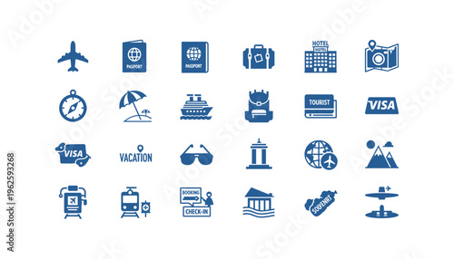 Travel and tourism icons for planning vacations and trips