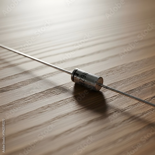 Metal germanium diode electronic component on textured wood surface showing vintage hardware technology detail.