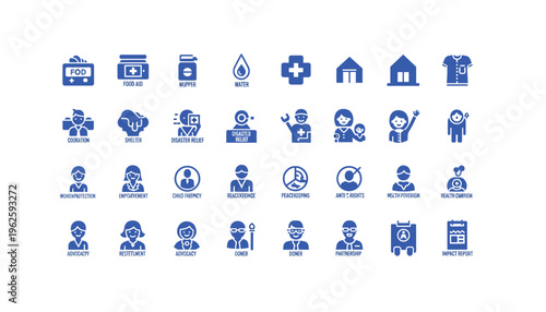 Humanitarian aid and support icons for social impact projects and charity work