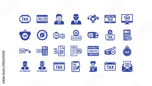 Collection of blue tax icons and symbols for financial and accounting concepts