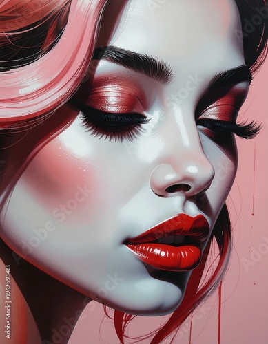 Closeup of woman with pink hair and vibrant makeup on abstract background  