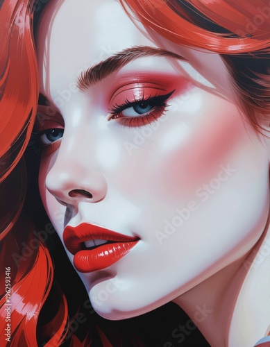 Young woman with red hair and bold makeup in artistic portrait  