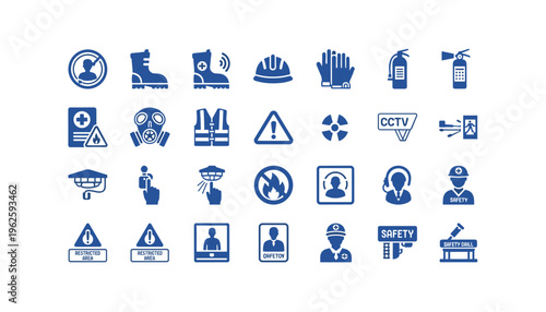 Collection of blue safety icons for industrial and workplace use