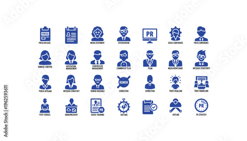 Crisis management and public relations strategy icons for business communication