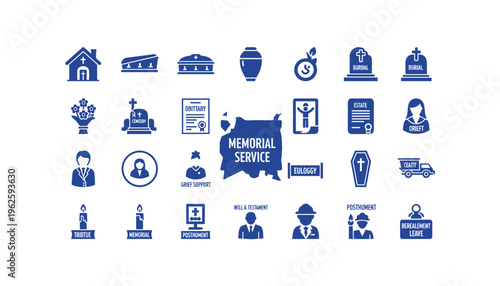 Memorial service icons collection for funeral and grief