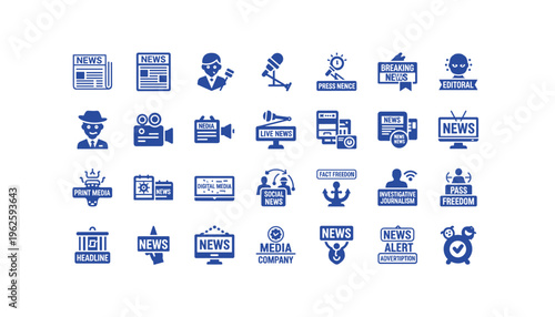 Collection of blue news and media icons for journalism and broadcasting