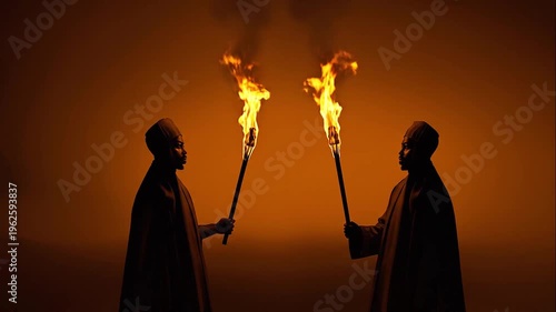 Two silhouetted figures facing each other hold flaming torches against a dark, fiery orange sky, creating dramatic shadows