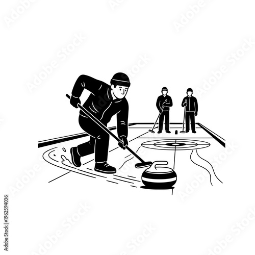 Minimal black and white illustration of a curling player sweeping ice, with teammates in the background, representing winter sports, teamwork, and strategy