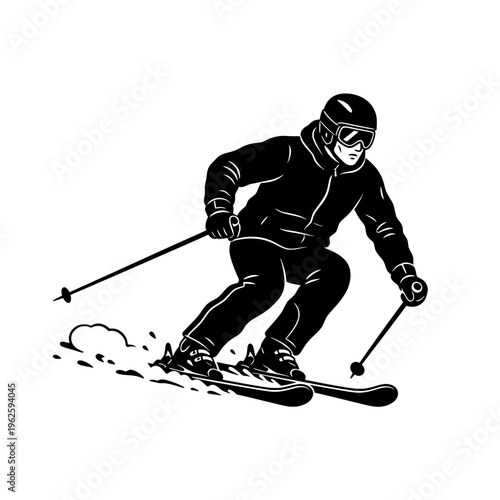 Minimal illustration of a skier with poles, helmet, and goggles isolated on transparent background, symbolizing winter sports, adventure, and active lifestyle
