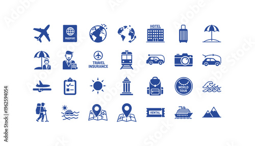 Travel and tourism icons for planning vacations and adventures