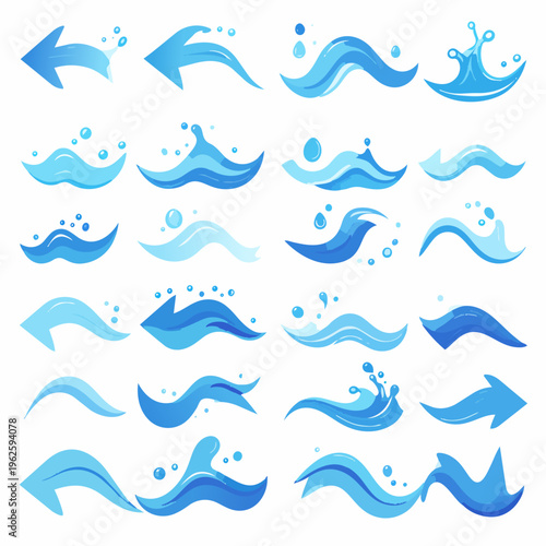 set of bkue arrow showing water splash vector,isolated on white