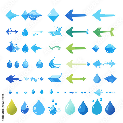 set of colorful arrow showing water splash vector,isolated on white