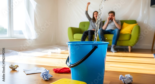 Distraught couple experiences a sudden and severe water leak from their ceiling, causing immediate home damage and significant stress