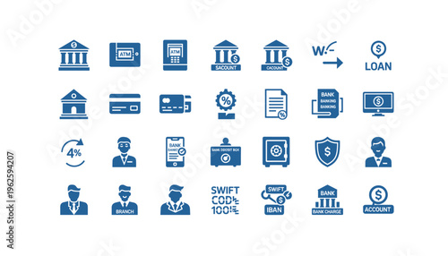 Blue icons representing various banking and finance concepts