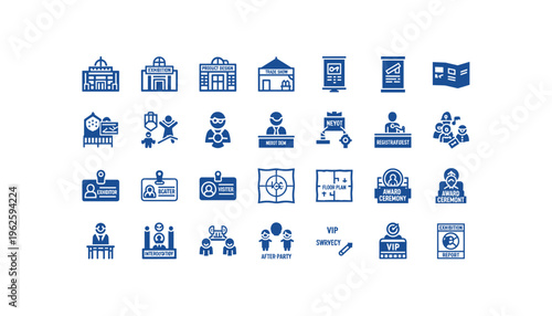 Collection of blue exhibition and trade show related icons on white background