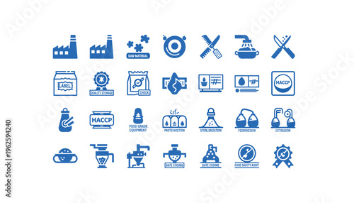 Food processing and safety icons for quality control and manufacturing