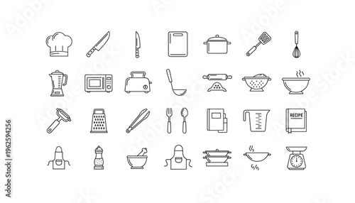 Kitchen utensils and tools for cooking and food preparation