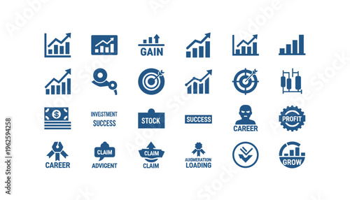 Business success icons collection in modern blue design