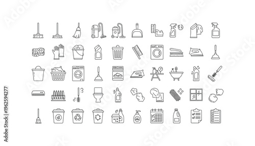 Cleaning supplies and household chores icons collection